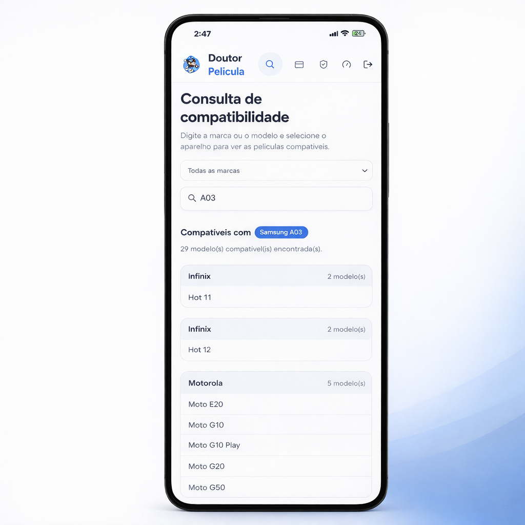 Doutor Película aberto no celular mostrando a consulta de compatibilidade